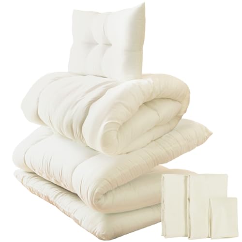 エアープレス 布団セット 6点セット ダブル 日本製 極厚 敷布団 三層構造 敷き布団 掛布団 枕 布団カバー 3点 (アイボリー)