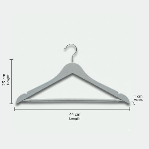 Image of Amazon Basics Plastic Hangers - Grey Color, Chrome Hook, Glossy Finish, Pant Bar, Lightweight Design, 5kg Load, Pack of 20 (Size: 44 L x 23 H x 1 W cm)
