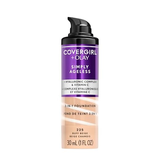 COVERGIRL & Olay Simply Ageless 3-in-1 Liquid Foundation, Matte Finish, Hyaluronic & Vitamin C Formula, 225 Buff Beige, 1 Count
