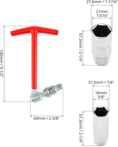 Image of Hetkrishi Spark Plug Socket Wrench, Universal,T-handle, 6mm (5 /8 inch) & 21mm (13 /16 inch) Remover Installer