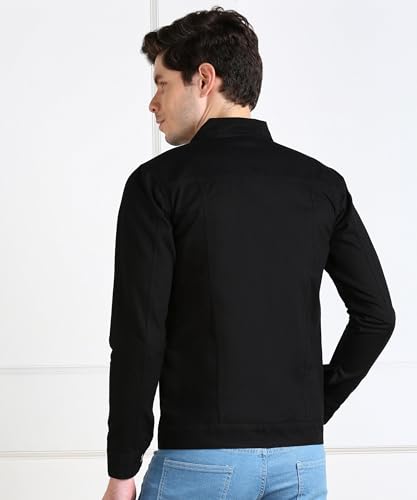 Image of MONTREZ Men Spread Collar Washed Lightweight Casual Denim Jacket (Black)