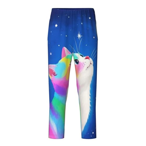 Pajama Pants For Teenagers Teen Pajama Bottoms Sleepwear Lounge Pants For Boy Girl, Starry Sky Colorful Cat 1