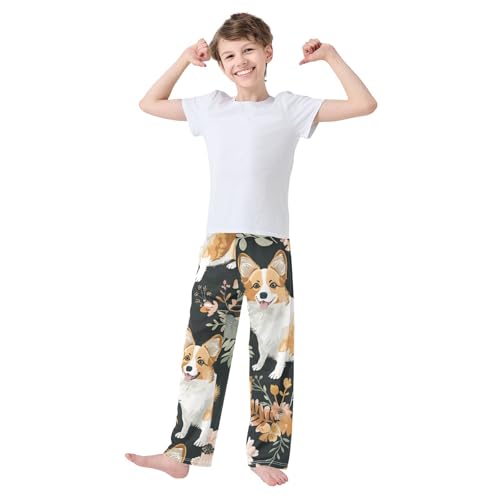 Corgi Dog Wild Flowers Boys Long Pants Soft Trousers Elastic Waist Kids Lounge Bottoms with Pockets S-XL2