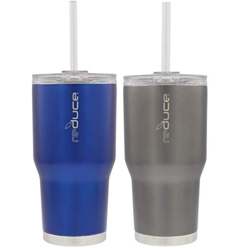 reduce COLD-1 Vacuum Insulated Thermal Tumbler with Two Extra Straws, 30oz - Satin Grey & Blue (2 Pack)