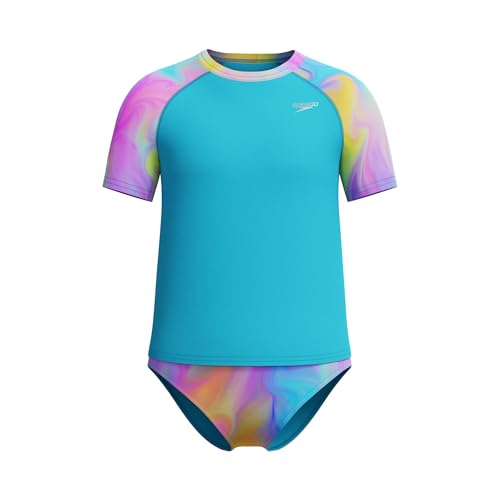 Speedo Girls' Printed Short Sleeve Rash Guard t-Shirt Two Piece Swim Set