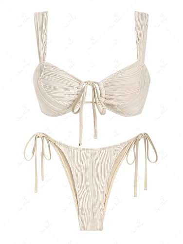 seamoly Swim Suits for Women 2025 Ribbed Tie Front Cutout Cheeky Bikini Sets Open Back Sexy Side Tie Thong Bathing Suit