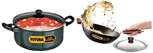 Hawkins Futura Non-Stick Stir-Fry Wok (with Stainless Steel lid) 3 L, 28 cm, 3.25 mm and Futura Hard Anodised Stewpot with Glass Lid, 5 litres