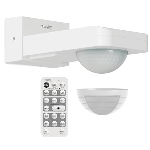 Oktaplex Tea - Detector de movimiento para exteriores (360 grados, incluye mando a distancia, sensor de infrarrojos, orientable, alcance de 9 m, 230 V, IP65)