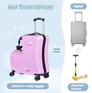 20 Inch Kids Ride On Luggage, Ride On Travel Suitcase, Toddler Carry Luggage With Lock | Kids Travel Suitcase With Safety Belt, Password Lock And Wheels For Toddler Airplane Travel, ABS+PC 5