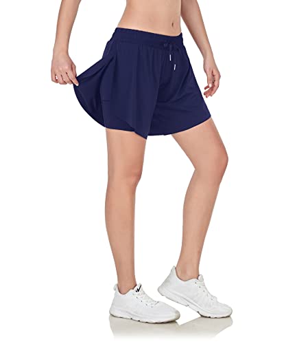 Girls 2 In 1 Athletic Shorts With Pockets Drawstring Elastic Waist Butterfly Flowy Workout Fitness Running Sports Skirts Navy M #TOP4