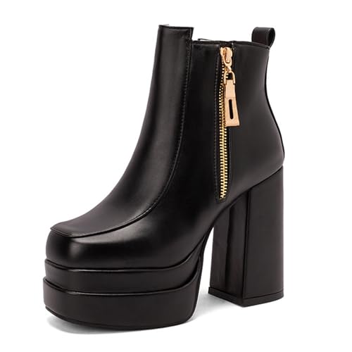 Vujkliy Women's Autumn and Winter High Heel Boots Square Toe Thick Heel Waterproof Platform Fashion Side Zipper 4.7IN Short Boots Large Size