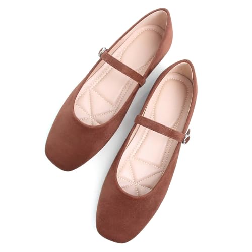 Image of TN TANGNEST Leather Flats for Women Retro Mary Jane Flats | Comfortable Square Toe Slip On Flats with Buckle Strap, Soft Work Flats Office Shoes