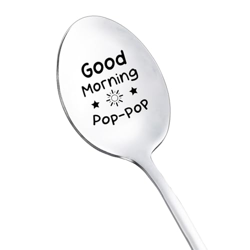 Good Morning Pop-Pop Spoons Gift for Grandpa Grandfather Fathers Day Christmas Gift for Pop Pop Gifts from Grandkids Christmas Gifts for Papa Grandpa Ice Cream Dessert Spoon