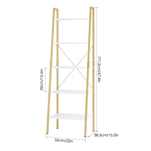 Finetones 5-Tier Ladder Shelf, Gold Bookcase Bookshelf With Metal Frame, Display Shelf Plant Rack Accent Furniture For Home Office, White/Golden #TOP2