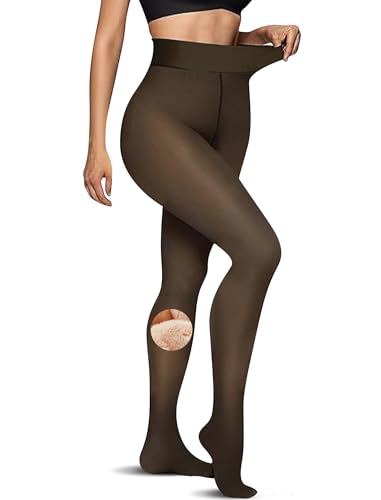 Easybunny 220g Fleece Lined Tights Sheer Fake Warm Pantyhose Fake Translucent Thermal High Waist Footed Winter Leggings Black L
