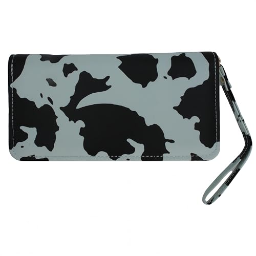 Ladies' ultra-thin long wallet, cow pattern, multi-layer organizer with zipper closure, 7.48 x 4.13 inches, light green