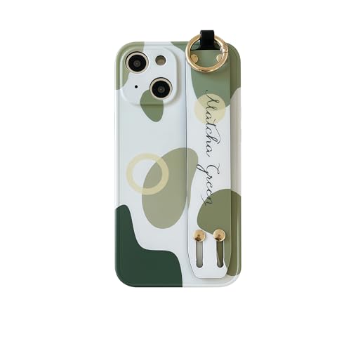 siduater Funda con correa de mano para iPhone 13 de 6.1 pulgadas con soporte, correa de muñeca, diseño estético suave a prueba de golpes, asa ajustable para iPhone 13 de 6.1 pulgadas, geométrico verde