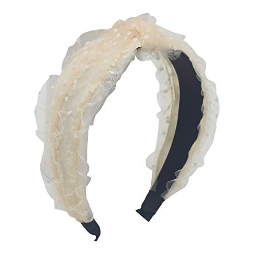 Bandana Headband for Women,MHDGG Lace Polka Dot Knot Headband Wide Headbands Turban Headband Hair Band Bandana Hairband Head Band Wrap with Bow Cloth Wrapped Headwear,Beige