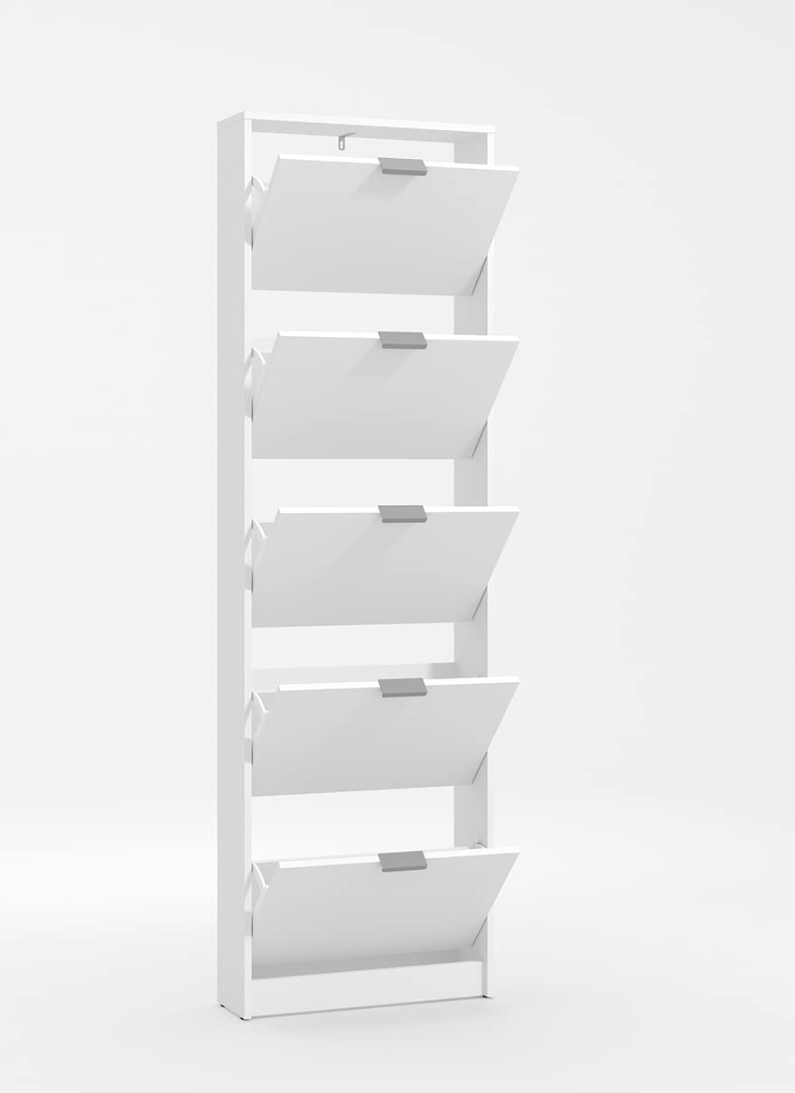 Scarpiera moderna bianco opaco con 5 ante a ribalta singola, 58x18x192 cm