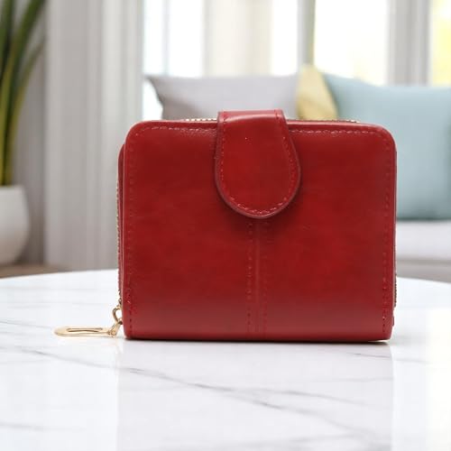 1Pcs Simple Wallet 2-Fold Waxed Leather Snap Wallet PU Leather Wine Red 11x8.5cm