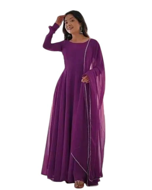 Women Wine Purple Anarkali Gown with Dupatta | Georgette Long Flared Kurti Dress | Full Sleeves Round Neck Ethnic Wear for Wedding Party Festive-image-4