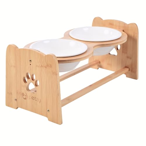 Petzy Premium Hundenapf, höhenverstellbar, 1200 ml pro Keramik-Napf. Perfekt für große Hunde, mit robuster Bambus-Futterstation für Bequeme Fütterung