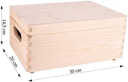 Unfinished Wood Box With Lid And Handles For Storage, Decoration, Organisation, Large Natural Wooden Craftsmanship, Rustic Home Decor, 30 x 20 x 14,5 cm.