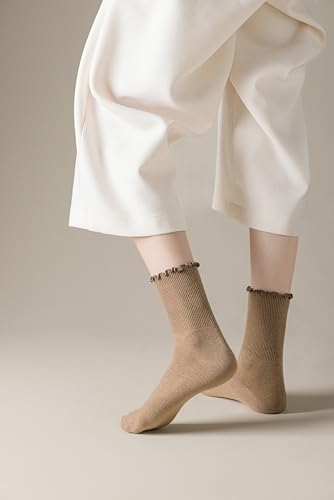 Women Ruffle-Wool Lettuce Edge Ruffle Ankle Socks for Women, Cozy Knit Turn-Cuff Crew Socks with Frills, Casual Warmth and StyleCuff Socks, Black, Tan, Orange, White, Dark Brown, One Size3