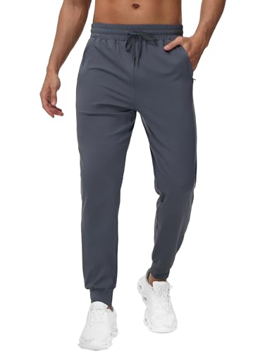 JWM Men's Thin Fleece Joggers Pants 3 Zipper Pockets Loose Fit Workout Gym Running Tapered Pants Winter Athletic Sweatpants Dark Grey