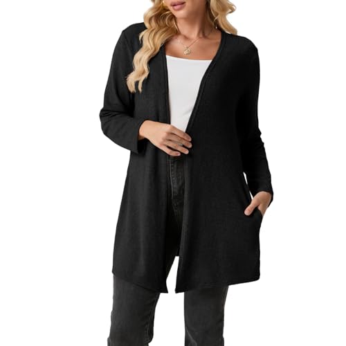 Black Cardigans Sweaters for Women Long Sleeve Lightweight Cozy Open Front Fall Cardigan with...