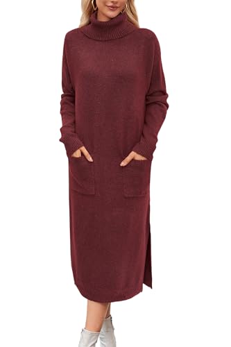 Arach&Cloz Strickkleid Damen Lang Wool Blend Winterkleid Rollkragen Pulloverkleid mit Tasche Lose Herbst Winter Kleid Burgundy,M