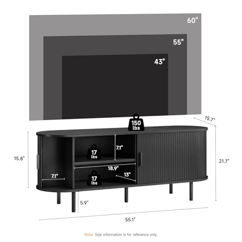 Image of 55 inch TV Stand with Power Outlet, Modern Media Console with Sliding Doors, Entertainment Center for TVs up to 60 Inch, Adjustable Shelves, Black