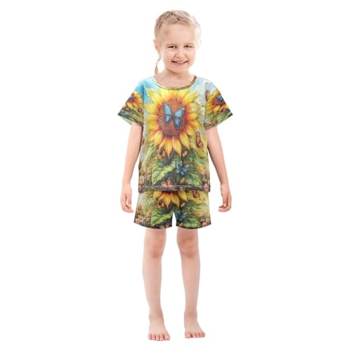 ALAZA Sunflower Butterfly Leaf Blossom Pajamas Set Short Sleeve Cotton Sleepwear Summer Pjs 2 Piece 5-14Y3