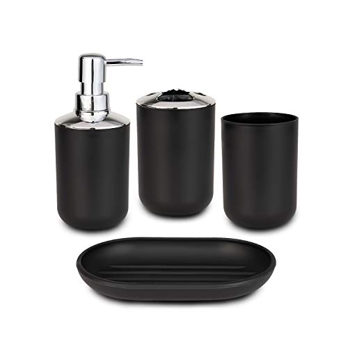 Bathroom Accessory Set 4 Pcs Plastic Bathroom Decor Toothbrush Holder Toothbrush Cup Soap Dispenser Soap Dish Farmhouse Decor Bathroom Home Decor Craft (Black)