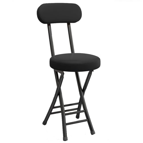 WBQYIMF Folding Stool with Backrest Cushioned Padded Leather Round Portable Foldable Bar Stool Chair for Kitchen(Black)