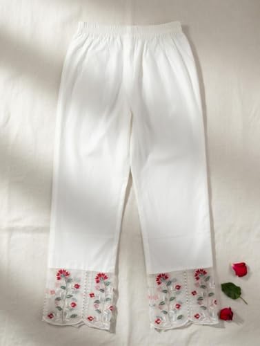 Image of Women Pure Chanderi Kurta Pant Dupatta Set | White Embroidered Ethnic Suit Set for Women | Floral Embroidery Kurta with Mul Cotton Dupatta