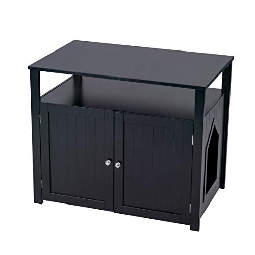 Good Life Double-Door Pet Crate Cat Washroom Hidden Cat Litter Box Enclosure Furniture Cat House Right Side Entrance with Table Home Nightstand Large Box Black Color