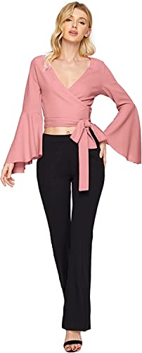Image of TASHVIKA'S Women's Long Sleeve V Neck Tie Knot Wrap Blouse Top