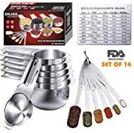 DILISS Gourmet Measuring Cups and Measuring Spoons Set Stainless Steel Measuring Cups and Spoons Set of 14. Liquid Measuring Cup or Dry Measuring Cup Set. Stainless Measuring Cups, Nesting Cups