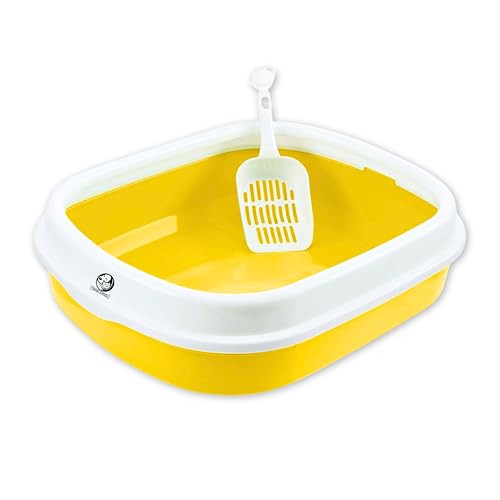 Image of Foodie Puppies Cat Litter Box Tray with Rim and Scooper - (Yellow) (Large, 46 x 38 x 13 cm) | Semi-Closed Design and Durable Quality | Pet Litter Sand Tray Suitable for All Adult Cats & Kittens