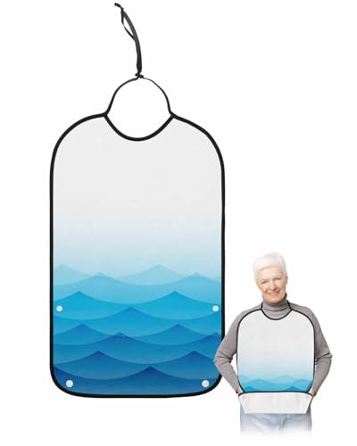 Geometric Ocean Adult Bib for Adults Men, Women, Summer Ombre Blue Sea Waves Minimalist Washable & Adjustable Terry Cloth Bib with Crumb Catcher Reusable Waterproof Clothing Clothes Protector Apron
