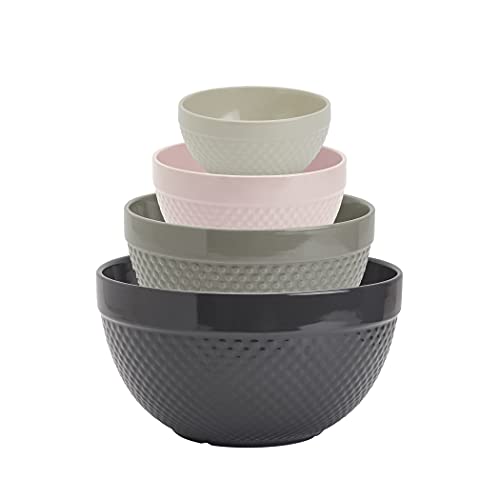 TTU Tabletops Gallery Hobnail Style 4 Piece Timeless Grey Stoneware Nesting Mixing Bowl Set for Baking and Cooking