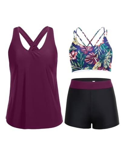Holipick Purple 3 Piece Tankini Swimsuits for Women Tummy Control Bathing Suits Swim Tank Top with...