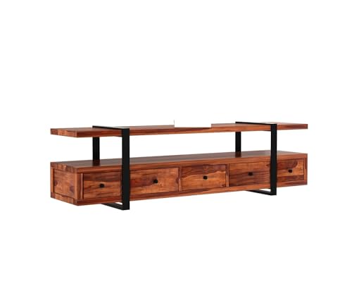 Image of Rustic Sheesham Wood & Metal TV Unit with 5 Drawers, 1 Shelf, and Storage for up to 70-Inch TV - Perfect for Living Room(Henry,Honey Finish)