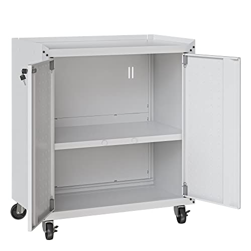 Image of Manhattan Comfort Fortress Rolling Garage Storage Cabinet with 2 Adjustable Shelves, Lockable Metal Tool Compartment, Heavy-Duty Mobile Utility Organizer with Wheels, White
