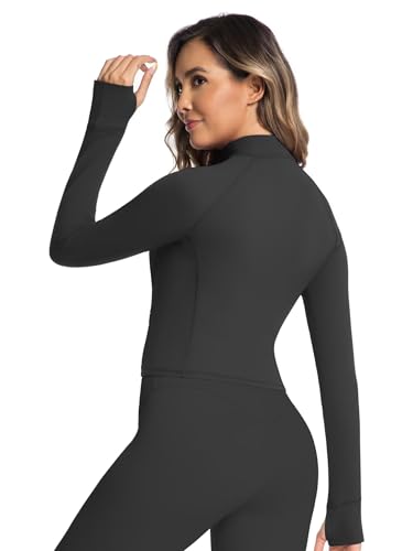 Sunzel Women's Quarter Zip Long Sleeve Workout Top with Pockets Cropped Activewear Shirt with ThumbHoles for Running Yoga Gym4