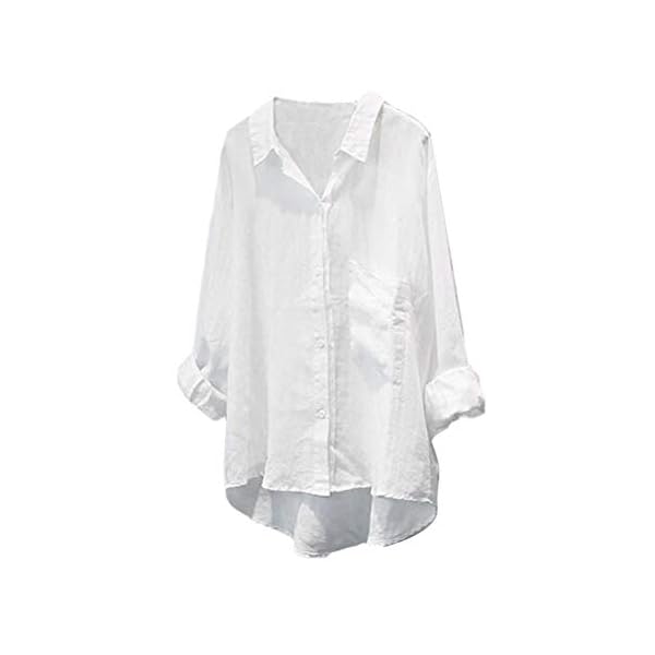 Minibee Women's Casual Cotton Linen Blouse Plus Size High Low Shirt Long Sleeve Tops White