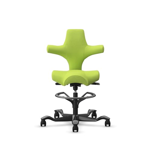 Image of HAG Capisco Sit to Stand Chair-Black Frame-Upholstered Bright Green-with Foot Ring