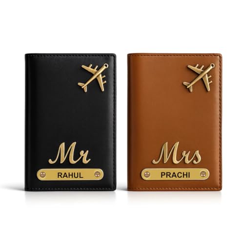 Image of ncgifts Personalised Passport Cover for Couple | Set of 2 PU Leather Customised Passport Holder with Name & 80+ | Charms Premium Gift Box | Anniversary, Wedding, Honeymoon Gift | 6+ Colours