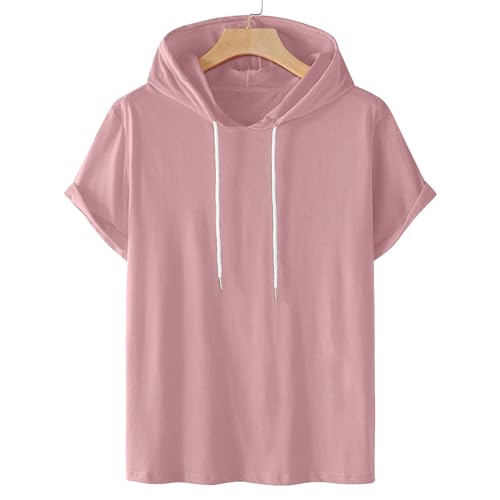 Short Sleeve Hoodies for Men Gym Workout Sweatshirt Lightweight Athletic Pullover Plus Size Hooded T Shirt Active Tops Pink2